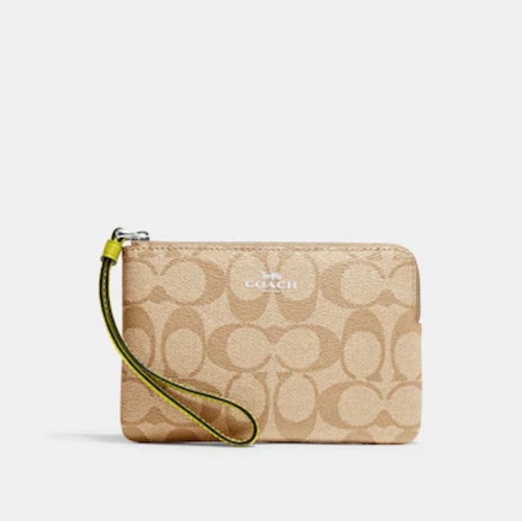 Coach Corner Zip Wristlet In Signature Canvas - Colour: Khaki & Key Lime - Picture 1 of 3